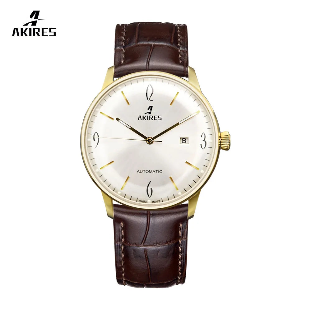 Akires watch with brown leather strap and gold casing on a white background